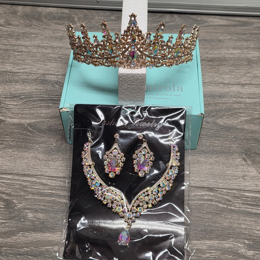 Kamirola Gold AB Crystal Tiara Necklace Earrings Bridal Pageant Jewelry Set TR28